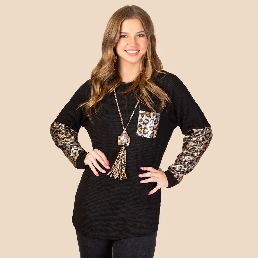 Knit Waffle Top with Leopard Sequin