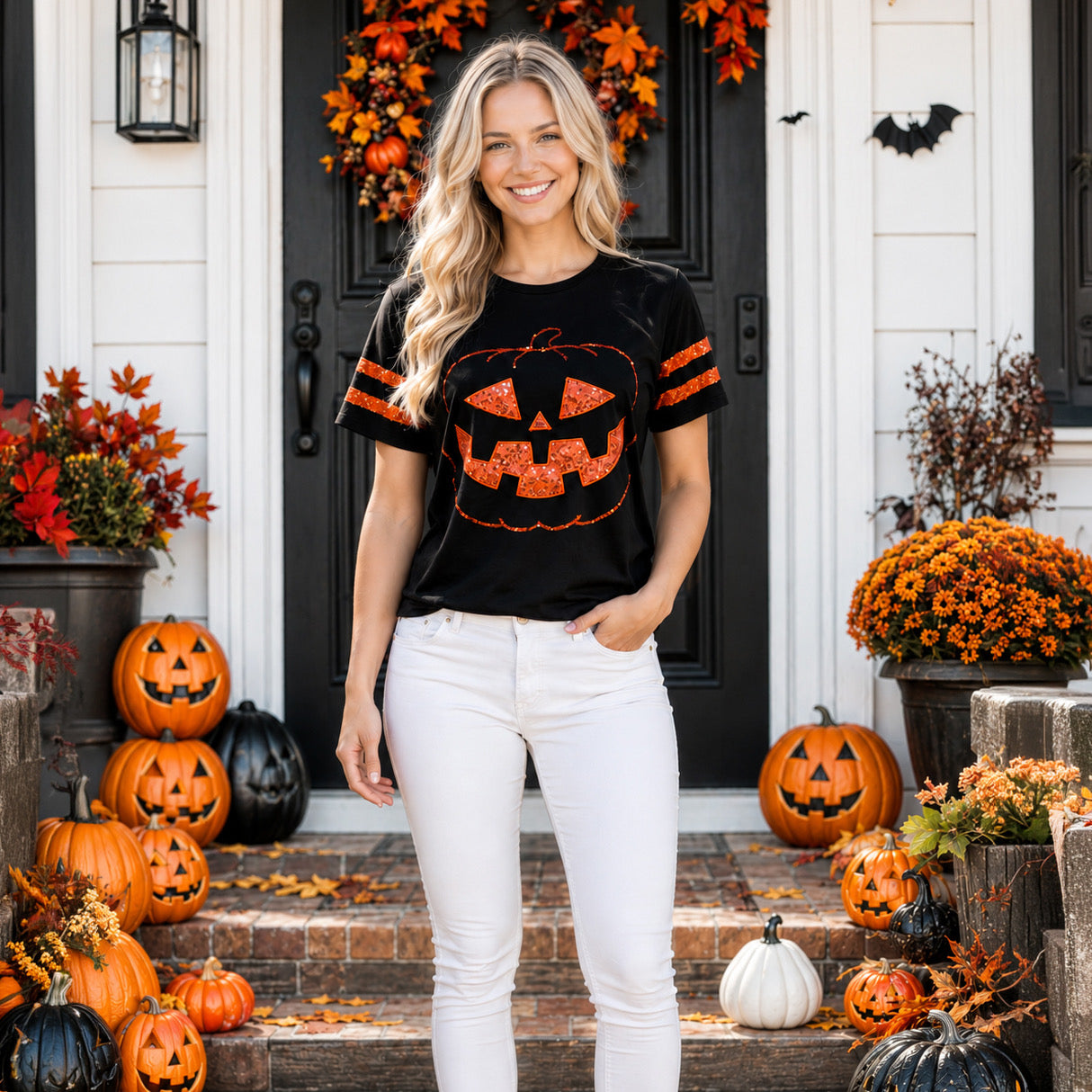Sunshine & Rodeo Jack-O-Lantern Varsity Striped Short Sleeve Top