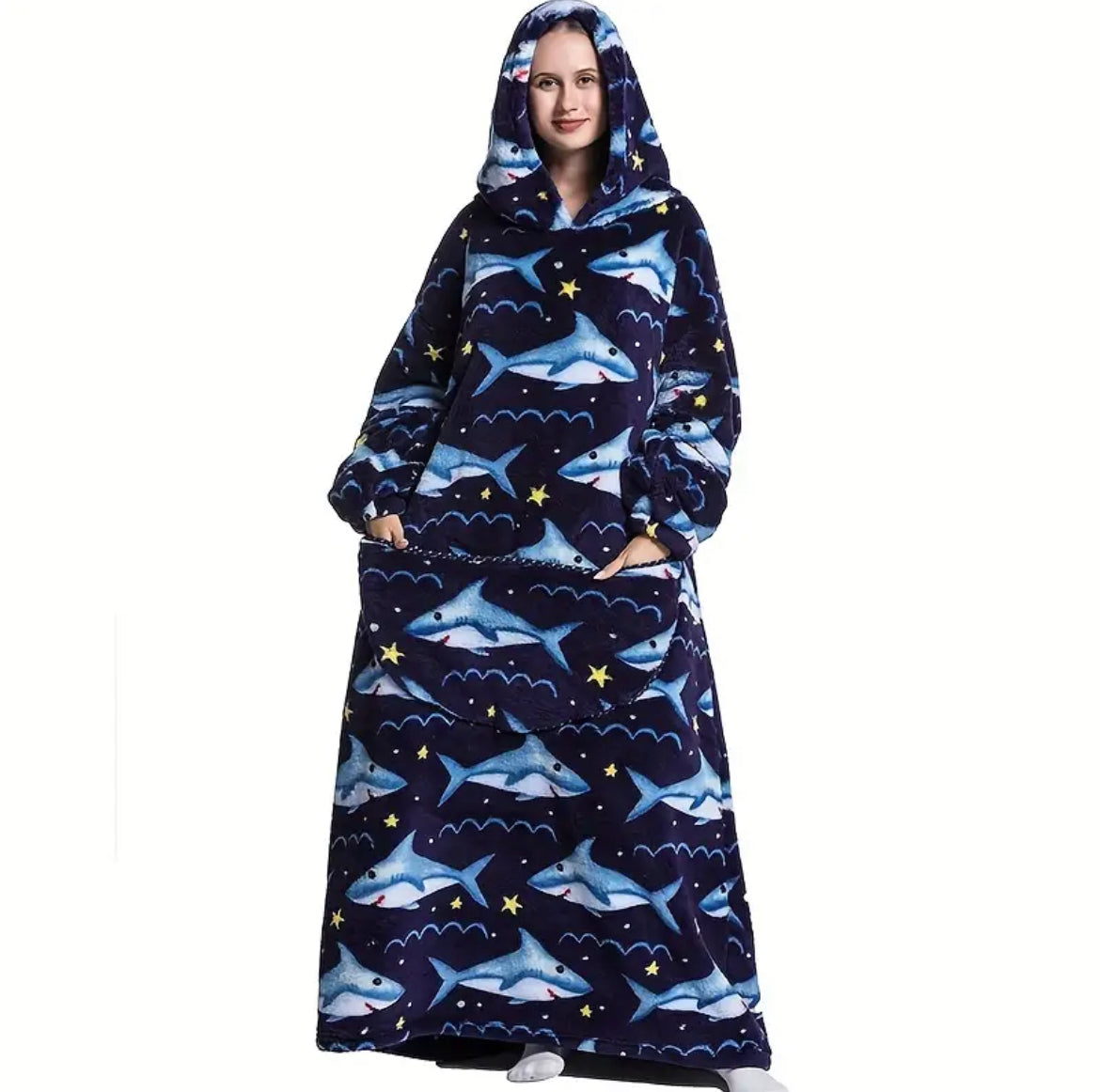 Fuzzy Pocketed Long Sleeve Hooded Blanket Lounge Dress - 17 Print options - PRELAUNCH