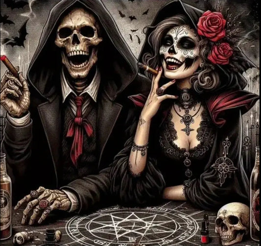 Laughing, Smoking Skeleton Couple Diamond Art