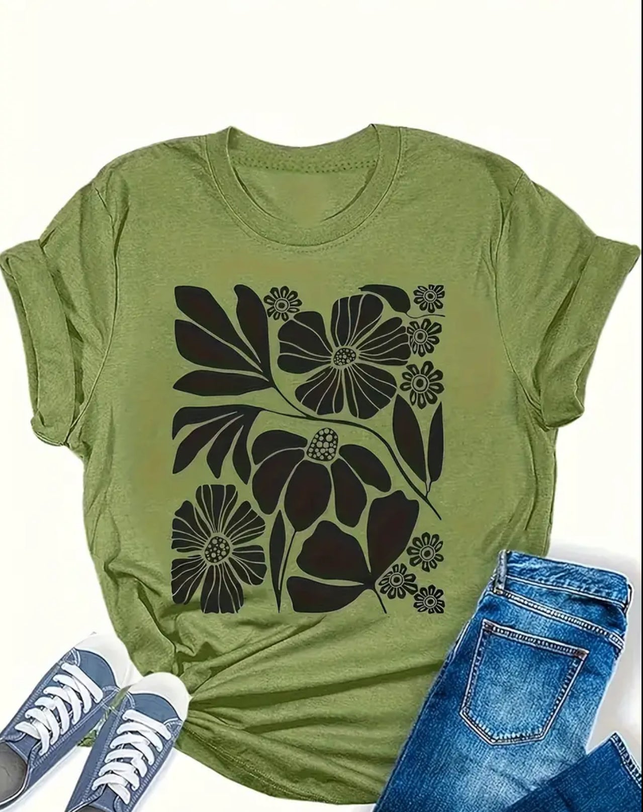 Army Green Floral Graphic Tee