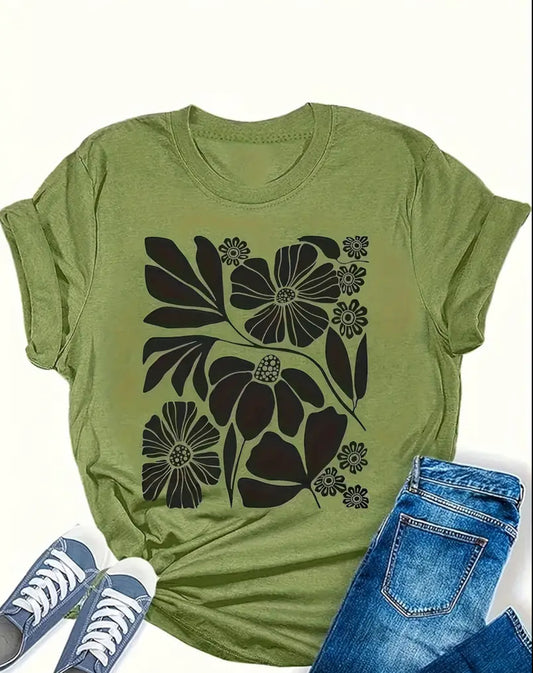 Army Green Floral Graphic Tee