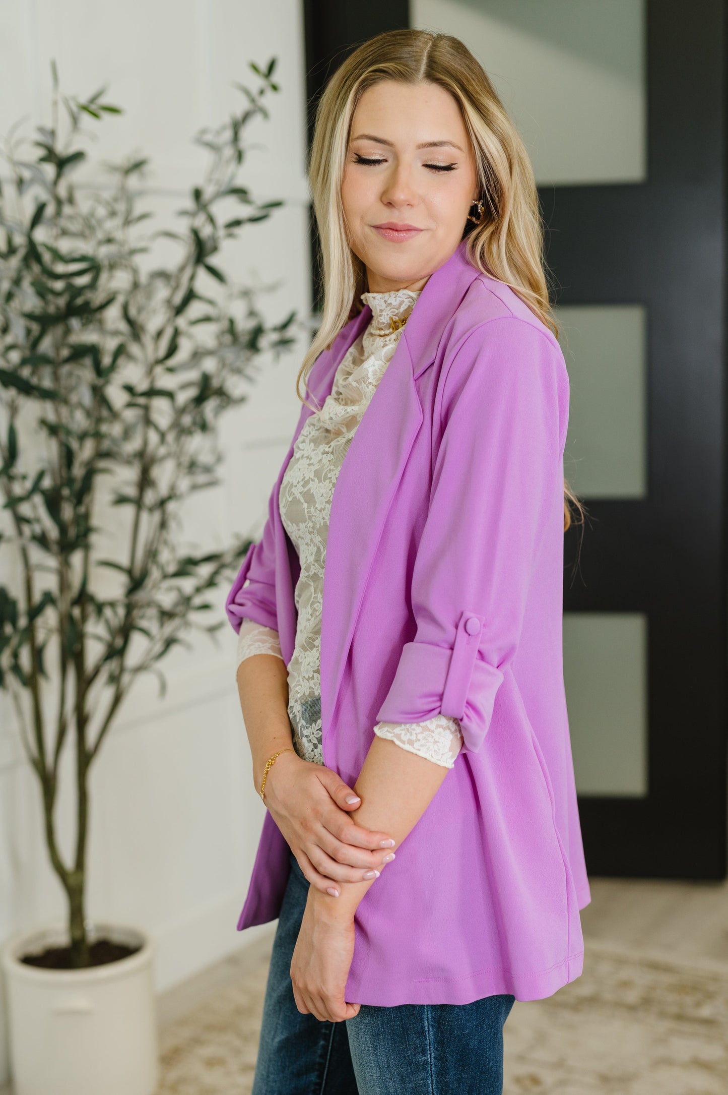 I'm Really That Gal Open Front Blazer in Orchid Glow