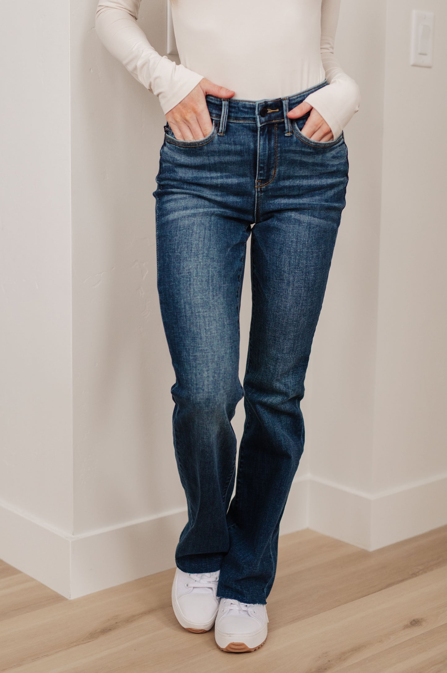 Josephine Mid Rise Raw Hem Bootcut Jeans