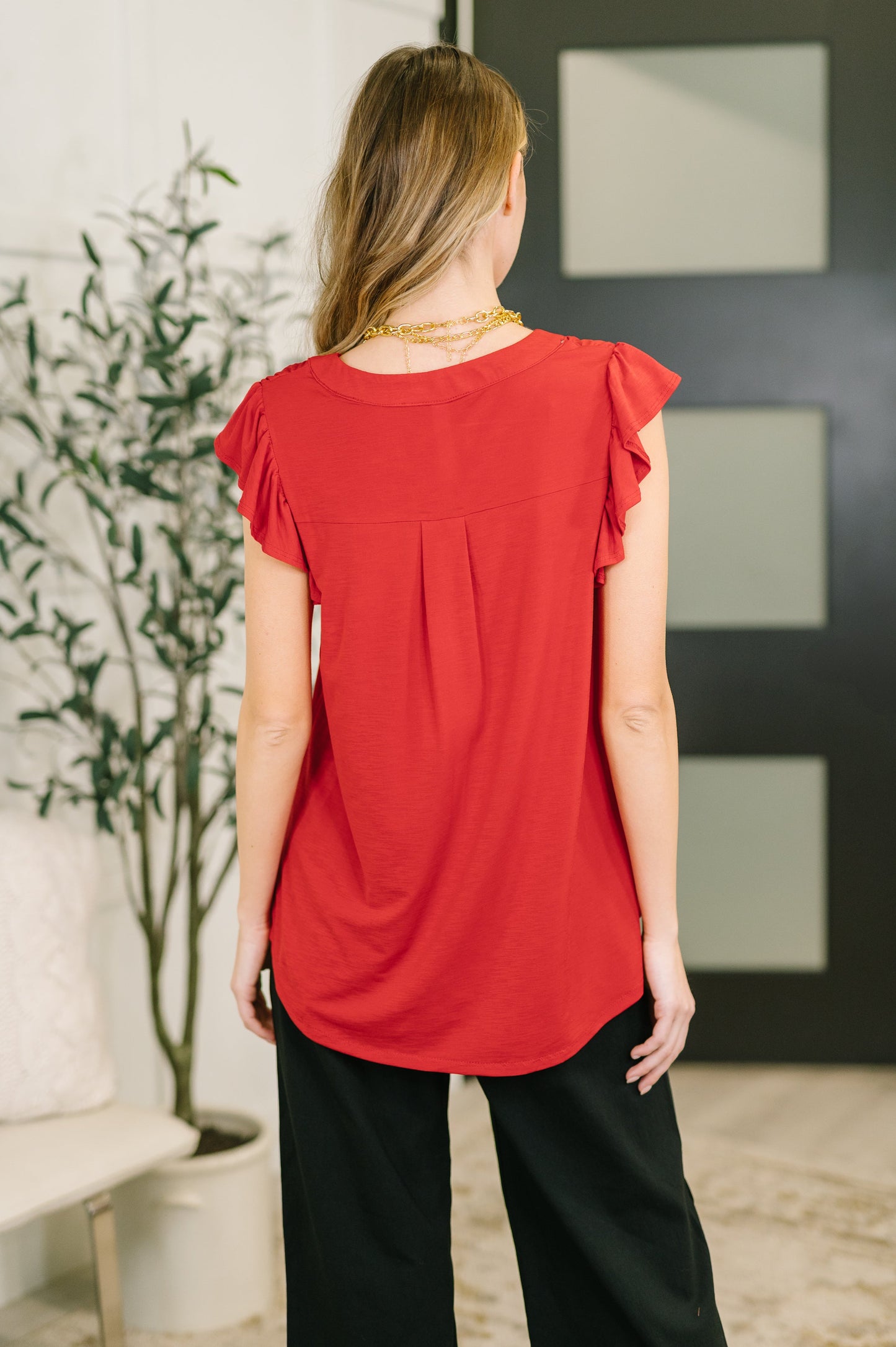 Lizzy Flutter Sleeve V-Neck Blouse in Red