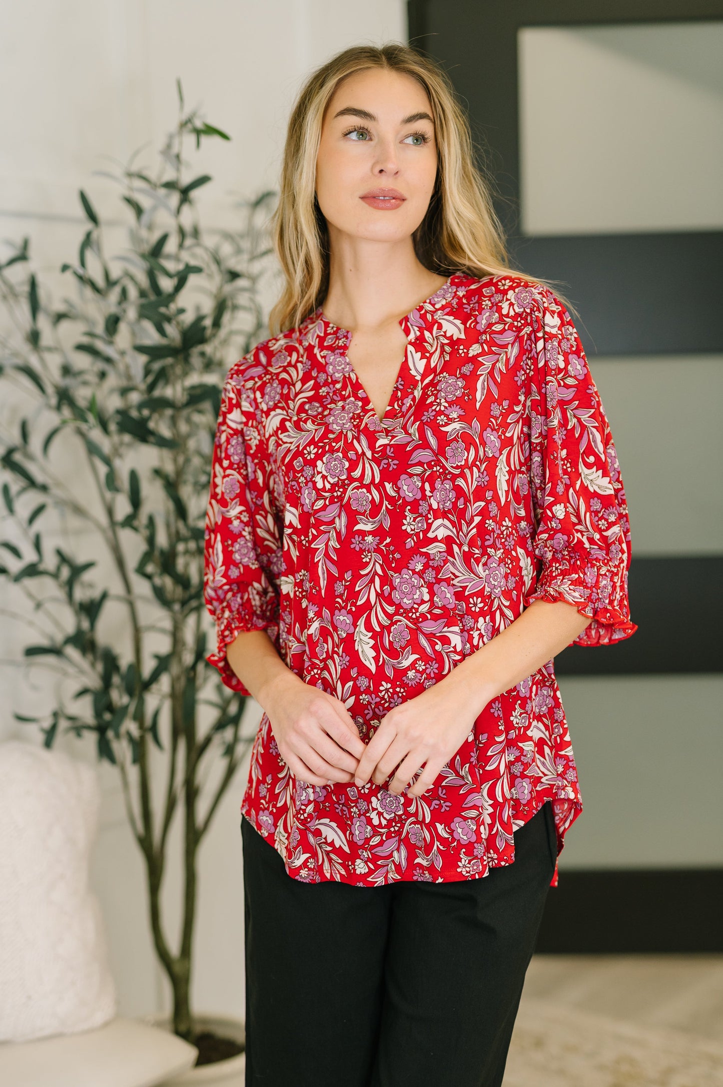 Lizzy Smock Top in Red and Pink Floral