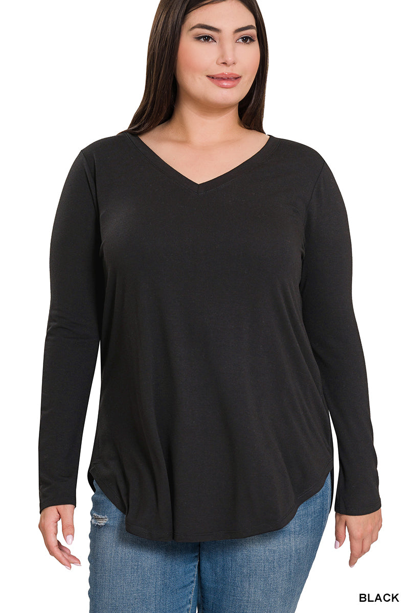 PLUS LONG SLEEVE V-NECK ROUND HEM TOP