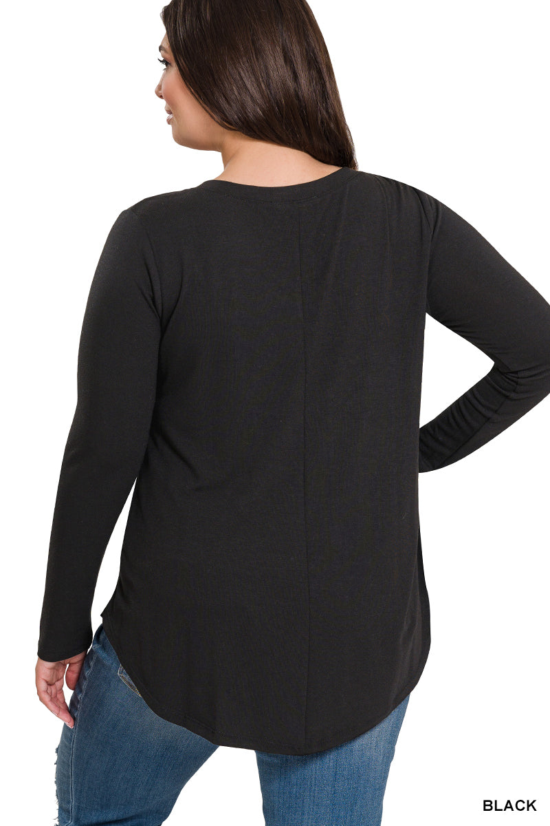 PLUS LONG SLEEVE V-NECK ROUND HEM TOP