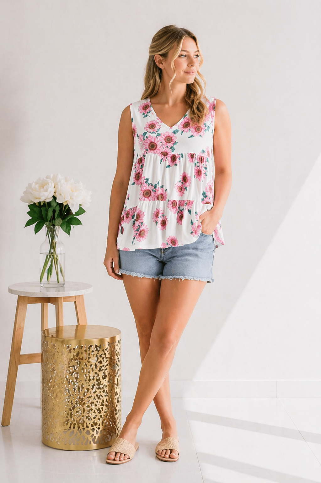 Sunflowers in Pink - Sleeveless Top
