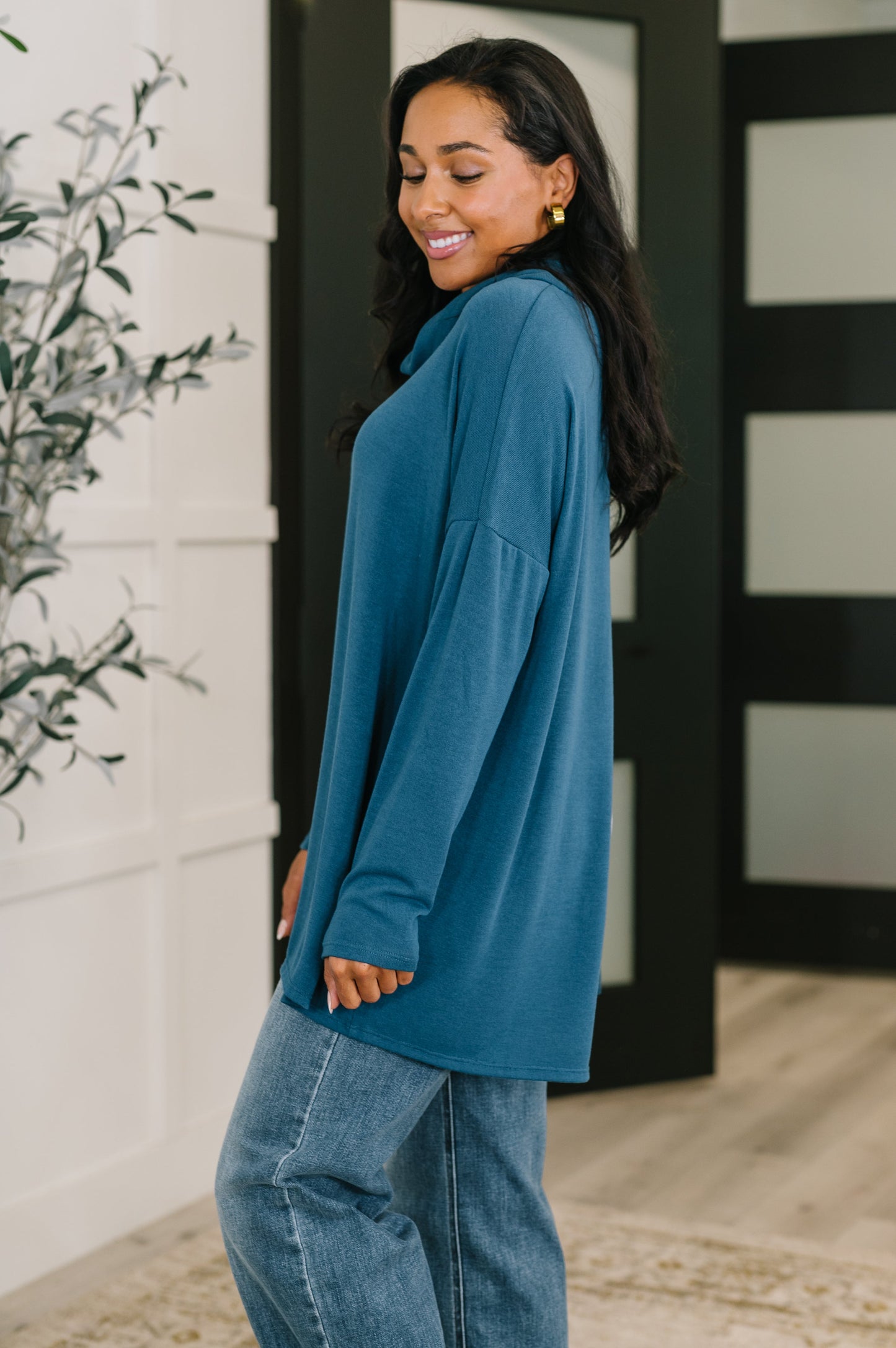 Travel Destination Cowl Neck Pullover in Dark Teal