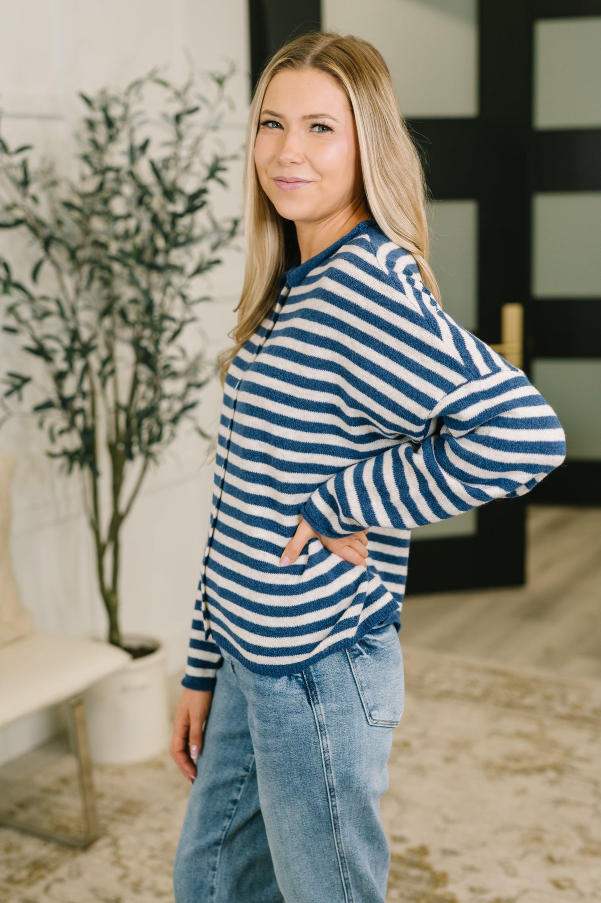 Won't Be Long Collared Sweater Button Down in Navy