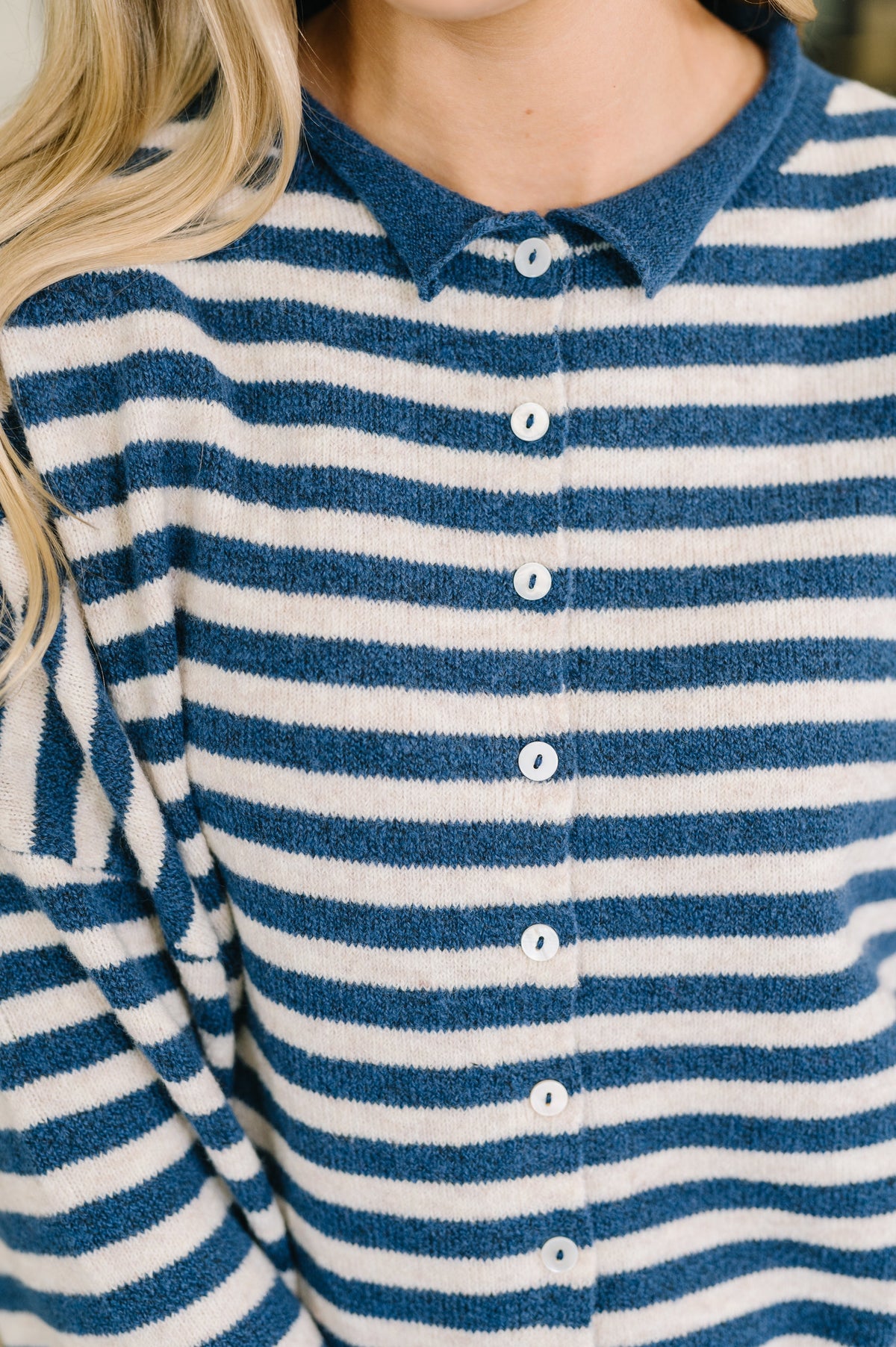 Won't Be Long Collared Sweater Button Down in Navy