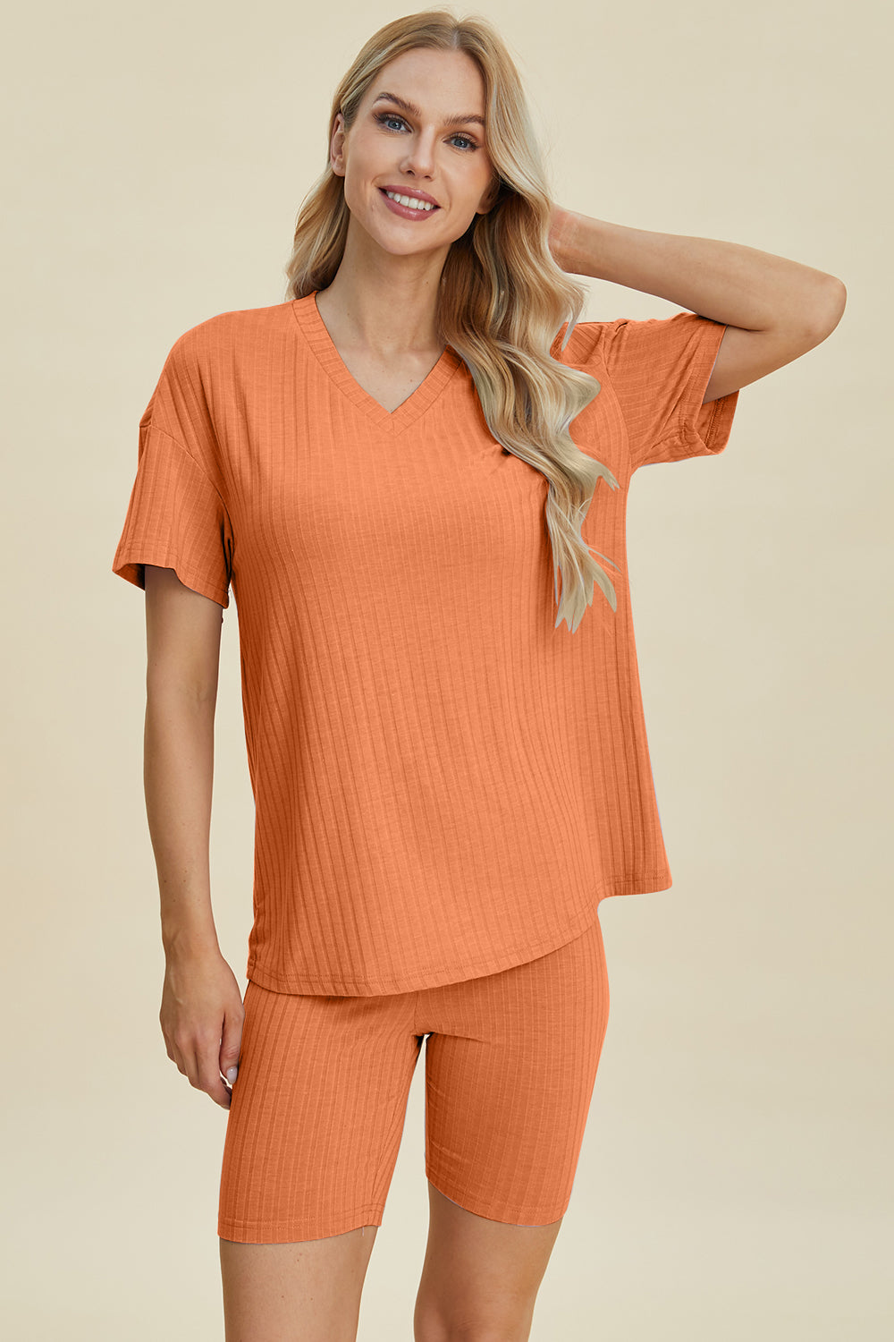 10 Color Options! Basic Bae Full Size Ribbed V-Neck Short Sleeve Top and Shorts Set