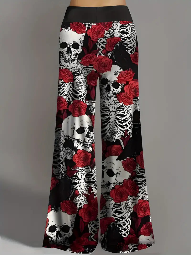 Red Rose Skeleton Wide Leg Lounge Pants