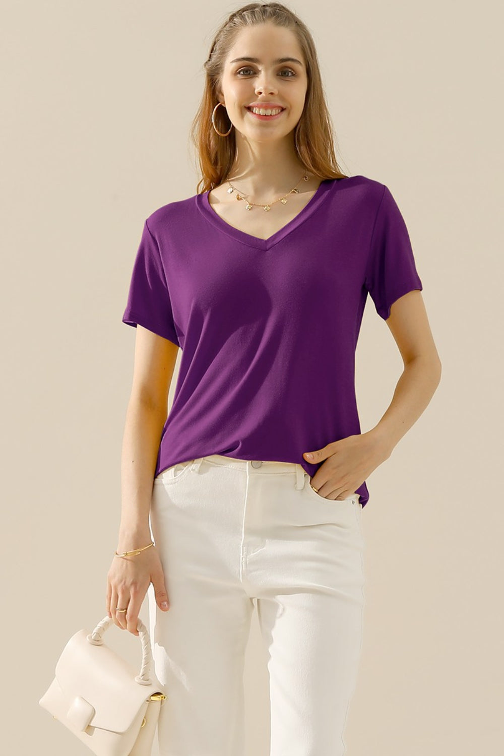 10 Colors! Ninexis Full Size V-Neck Short Sleeve T-Shirt