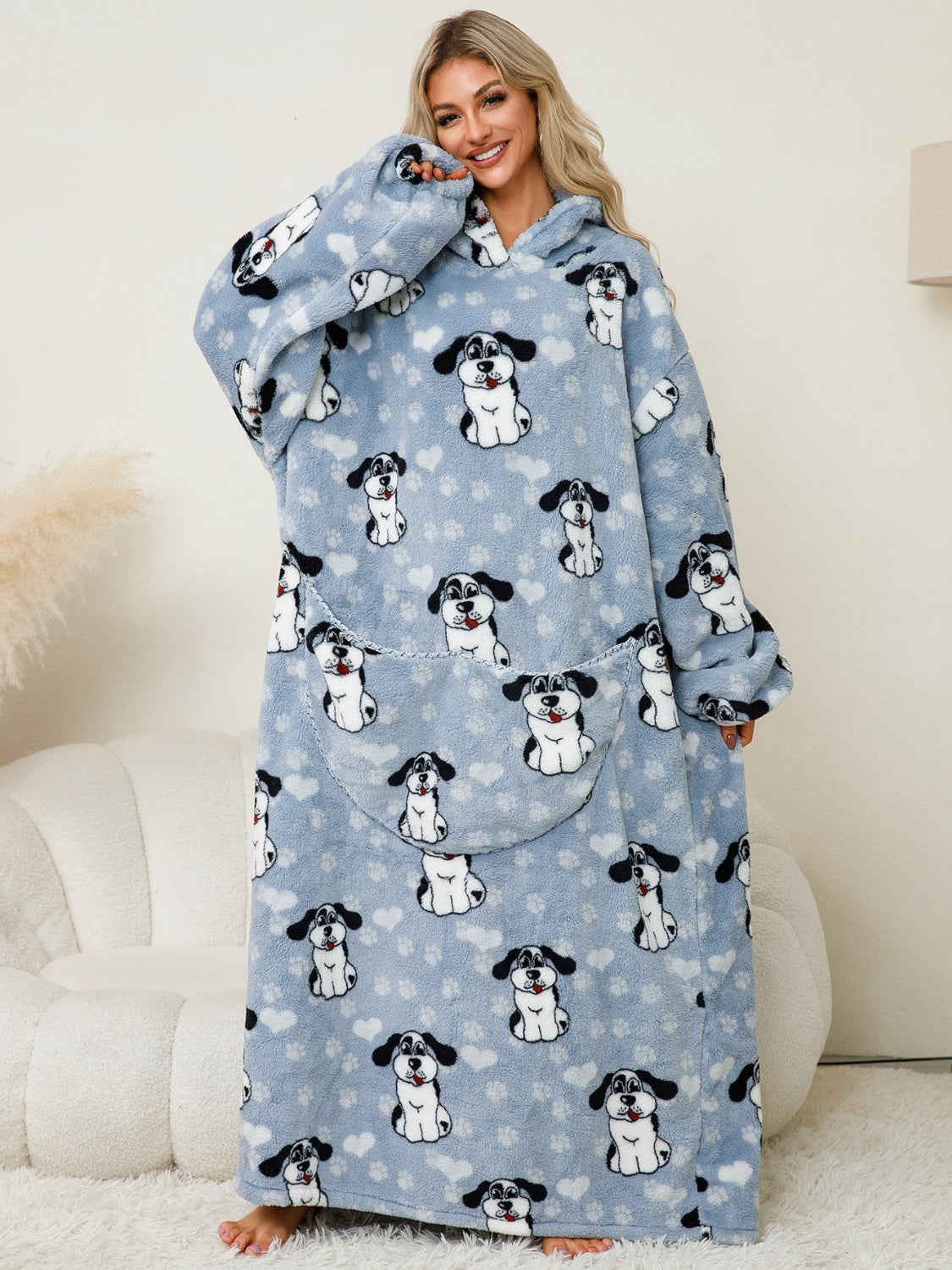 Fuzzy Pocketed Long Sleeve Hooded Blanket Lounge Dress - 17 Print options - PRELAUNCH