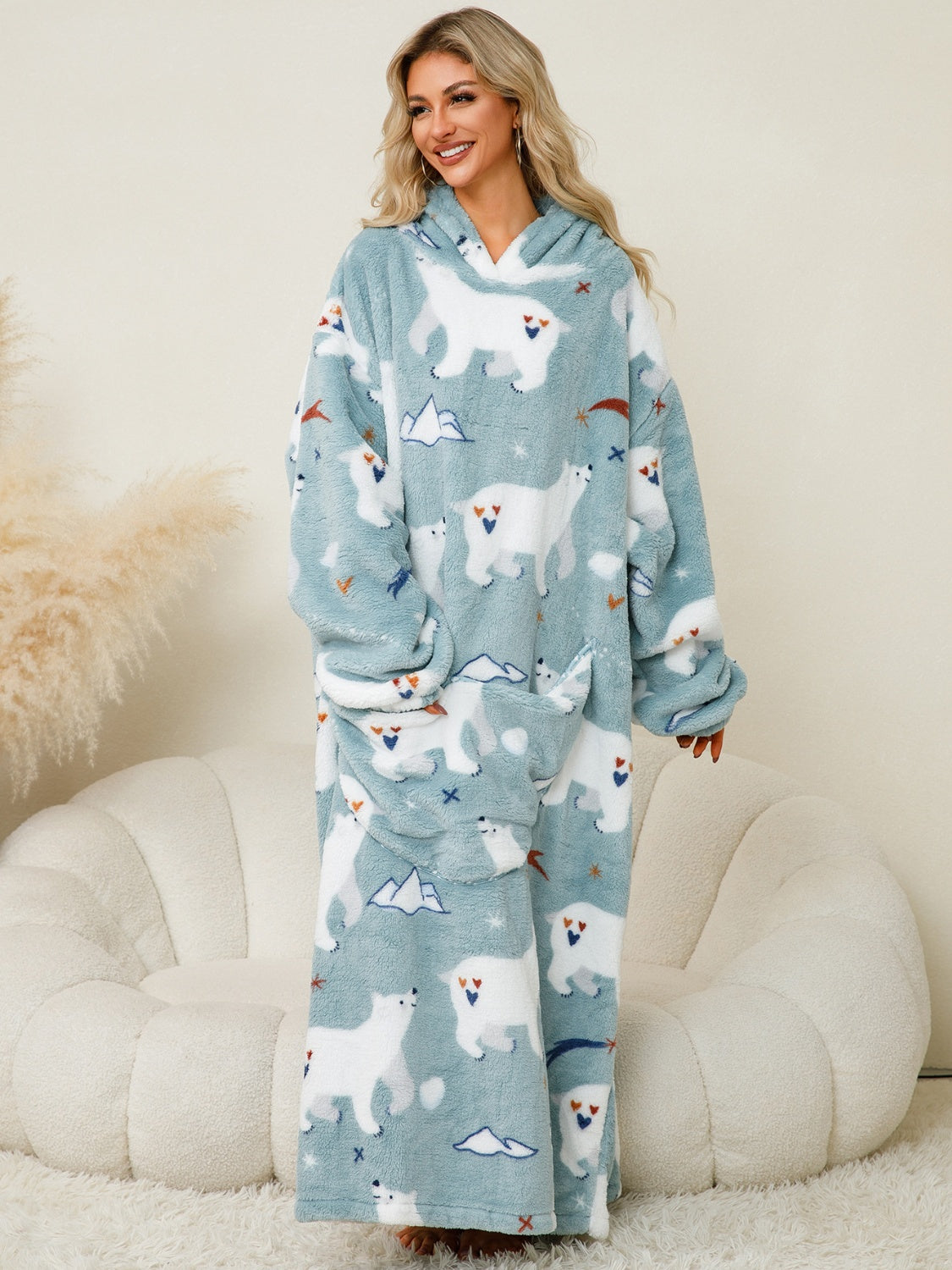 Fuzzy Pocketed Long Sleeve Hooded Blanket Lounge Dress - 17 Print options - PRELAUNCH