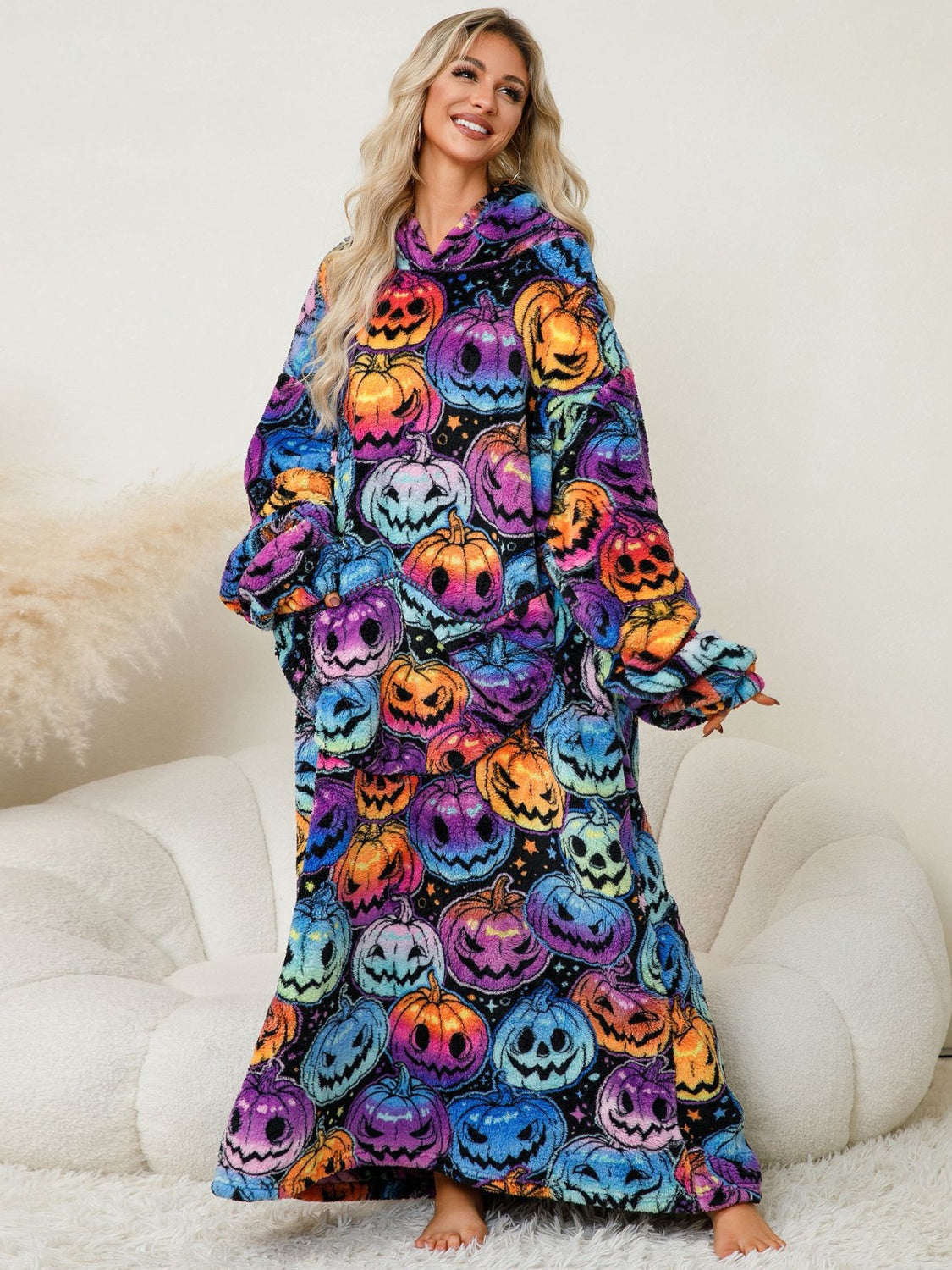 Fuzzy Pocketed Long Sleeve Hooded Blanket Lounge Dress - 17 Print options - PRELAUNCH