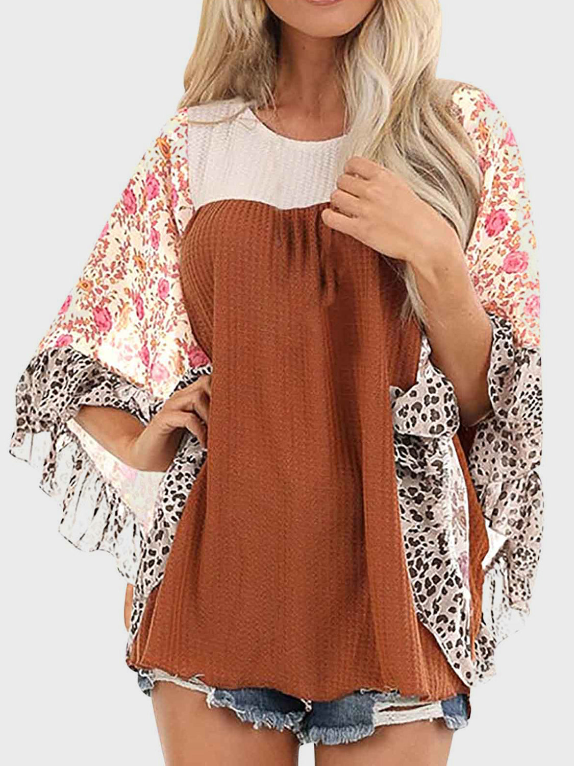 8 Color Options! Full Size Printed Round Neck Three-Quarter Sleeve Blouse