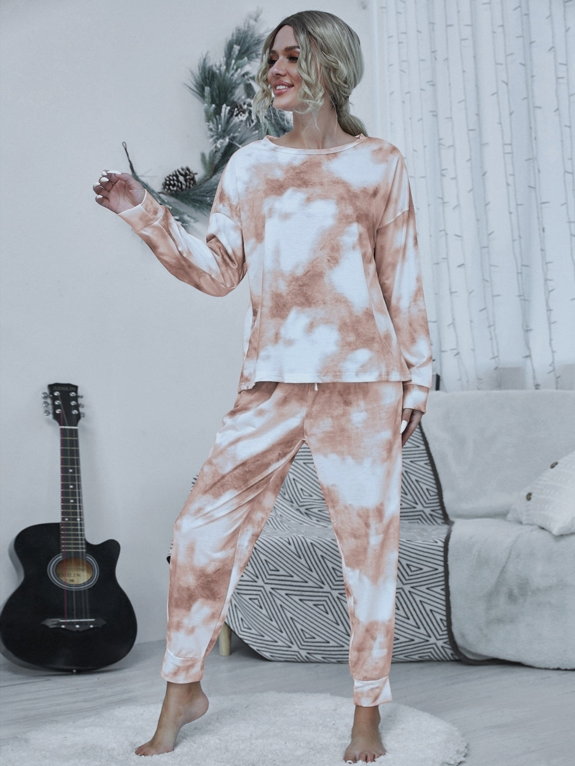 Tie-dye Round Neck Top and Drawstring Pants Lounge Set