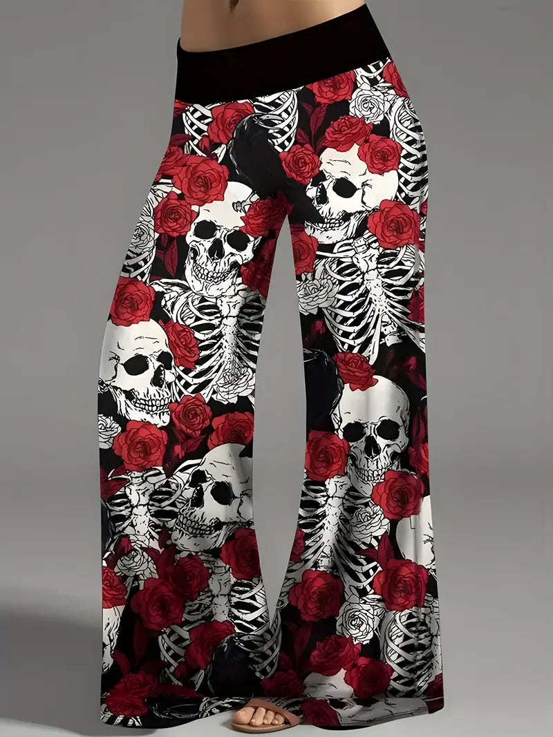 Red Rose Skeleton Wide Leg Lounge Pants