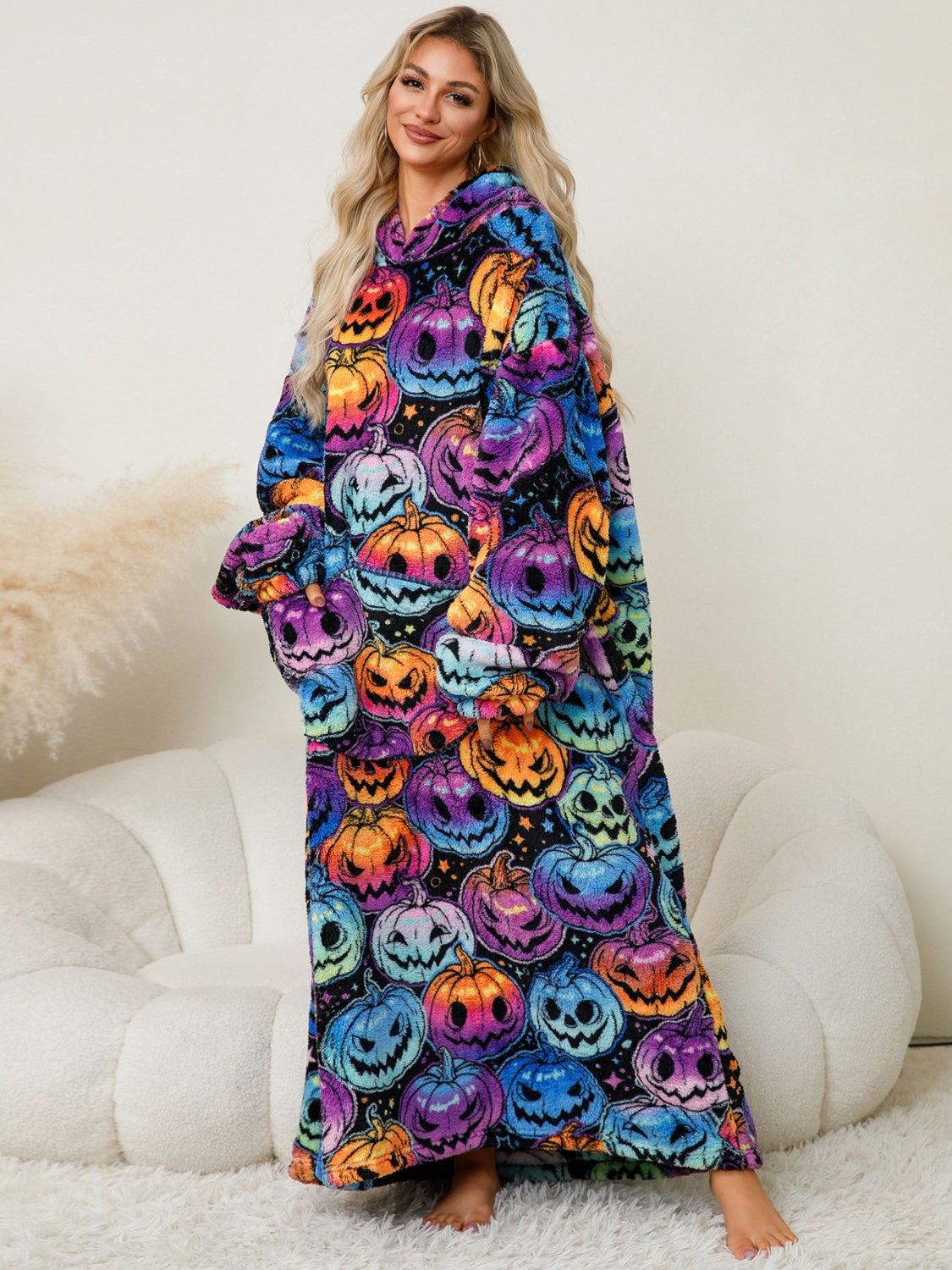 Fuzzy Pocketed Long Sleeve Hooded Blanket Lounge Dress - 17 Print options - PRELAUNCH