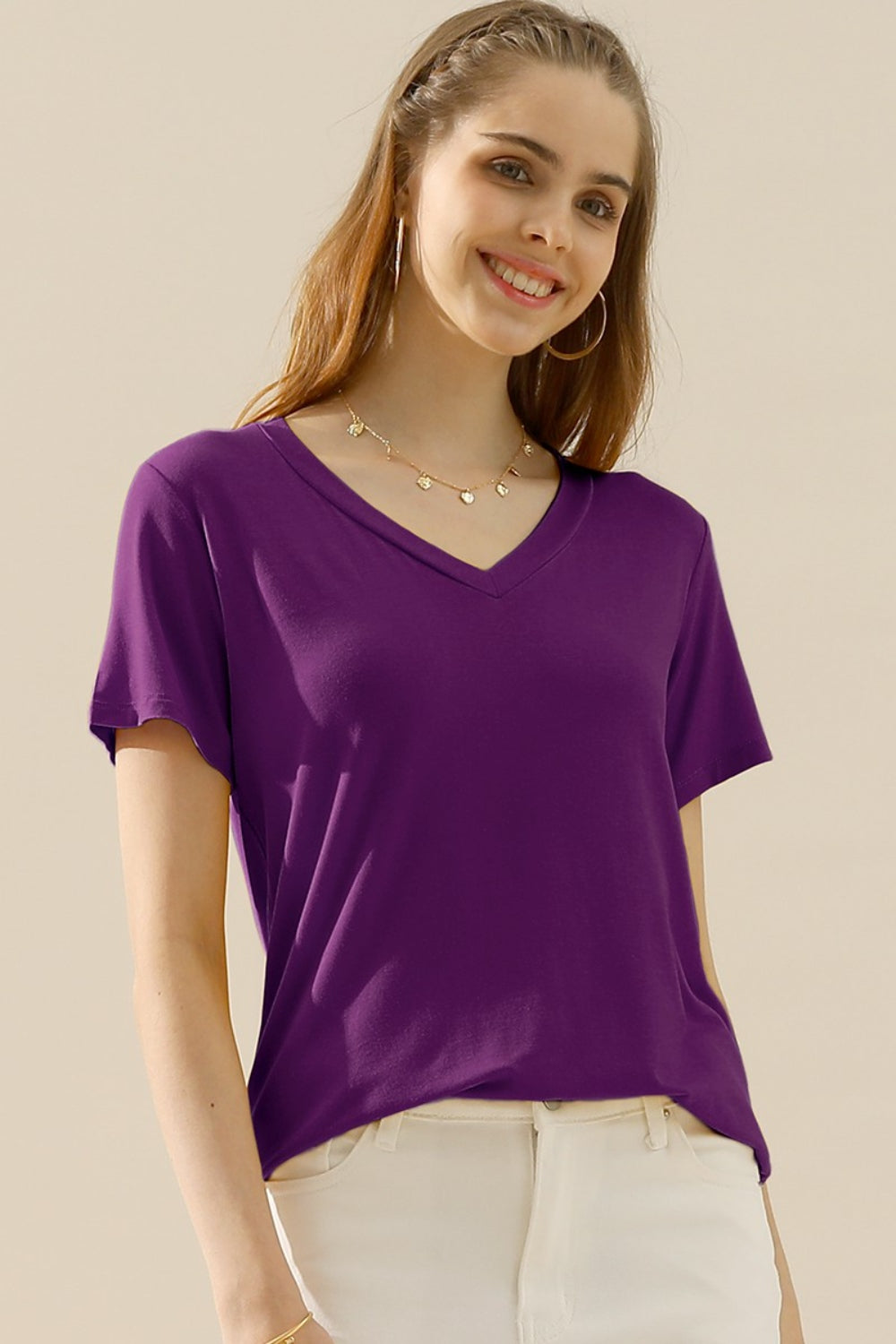 10 Colors! Ninexis Full Size V-Neck Short Sleeve T-Shirt