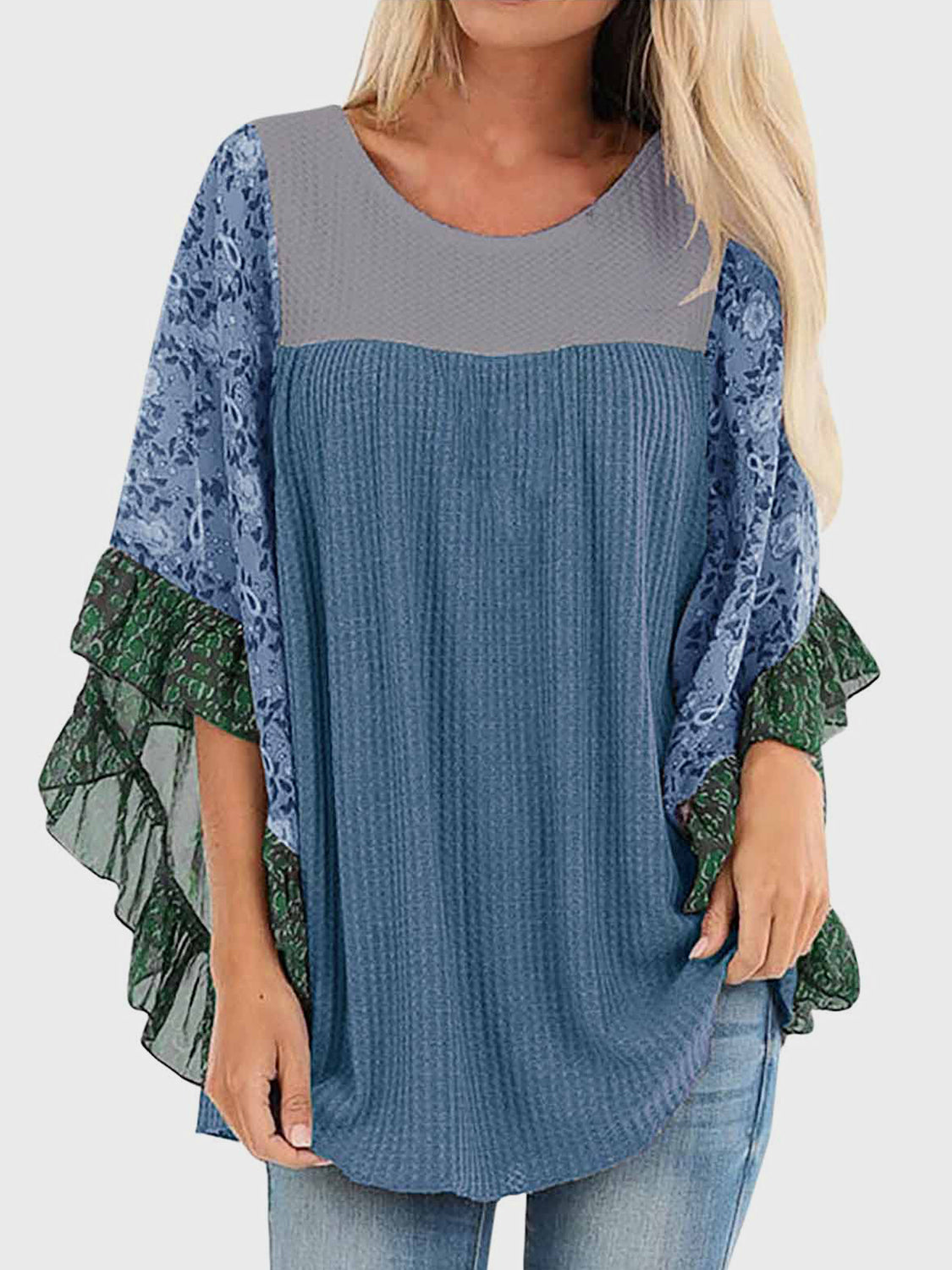 8 Color Options! Full Size Printed Round Neck Three-Quarter Sleeve Blouse