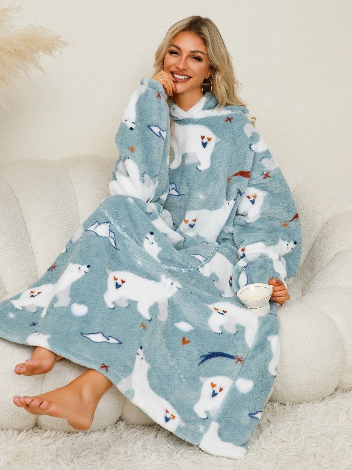 Fuzzy Pocketed Long Sleeve Hooded Blanket Lounge Dress - 17 Print options - PRELAUNCH