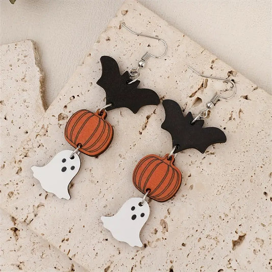 Bat Pumpkin Ghost Wood Earrings