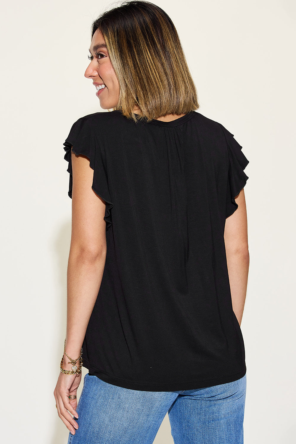 5 Colors! Basic Bae Full Size Bamboo Notched Ruffled Short Sleeve T-Shirt
