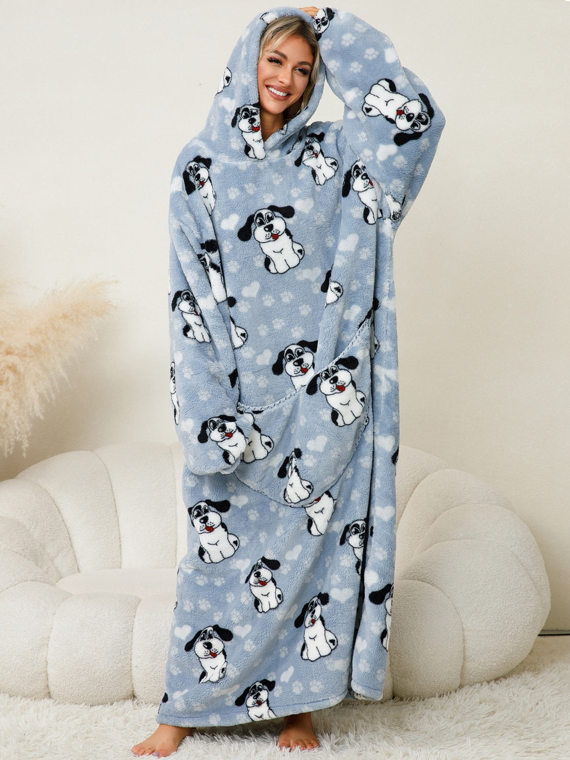 Fuzzy Pocketed Long Sleeve Hooded Blanket Lounge Dress - 17 Print options - PRELAUNCH