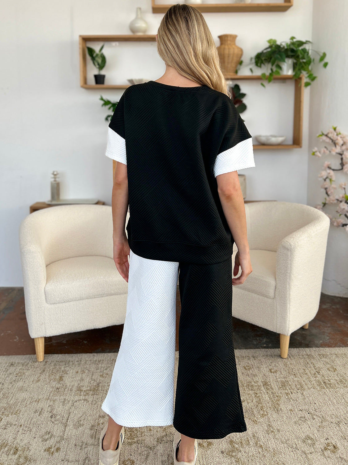 Double Take Full Size Texture Contrast T-Shirt and Wide Leg Pants Set - 4 Color Way Options!