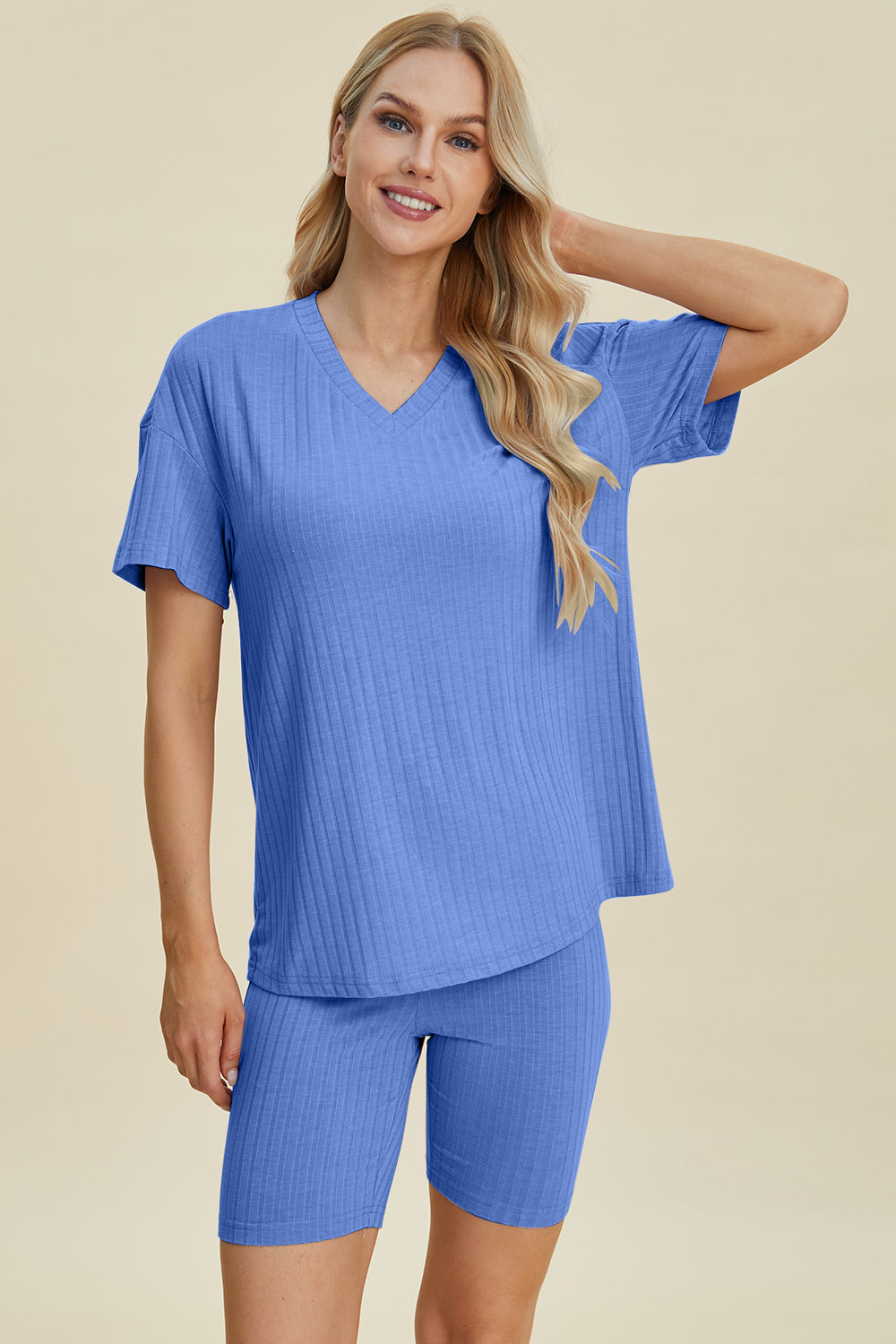 10 Color Options! Basic Bae Full Size Ribbed V-Neck Short Sleeve Top and Shorts Set