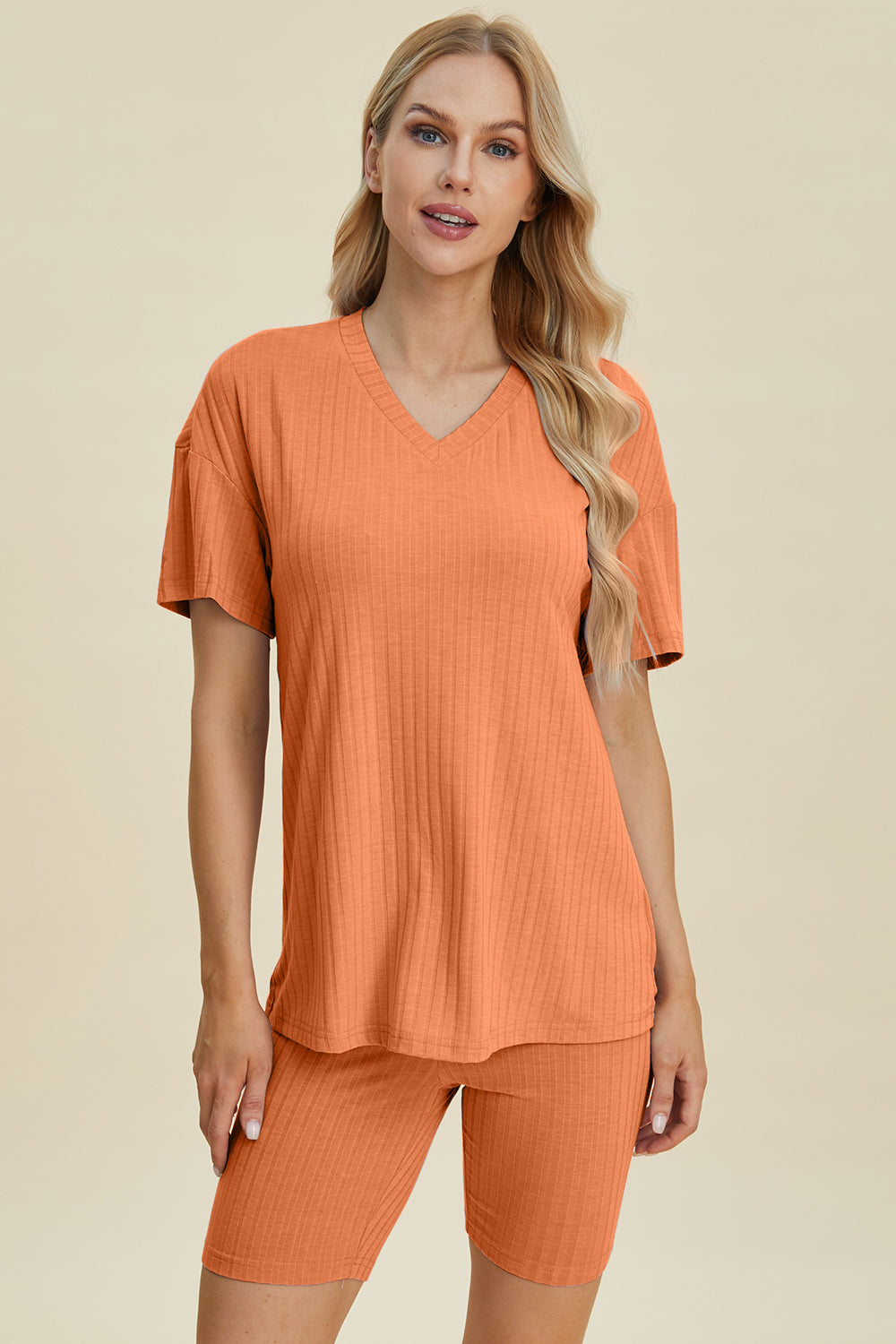 10 Color Options! Basic Bae Full Size Ribbed V-Neck Short Sleeve Top and Shorts Set