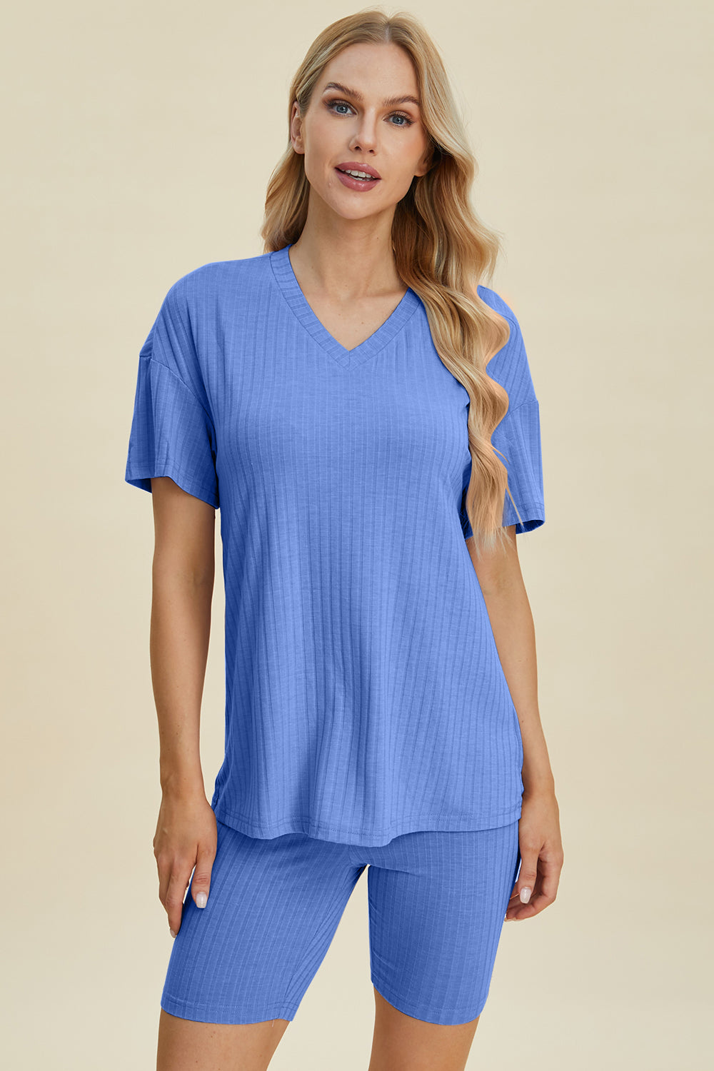 10 Color Options! Basic Bae Full Size Ribbed V-Neck Short Sleeve Top and Shorts Set