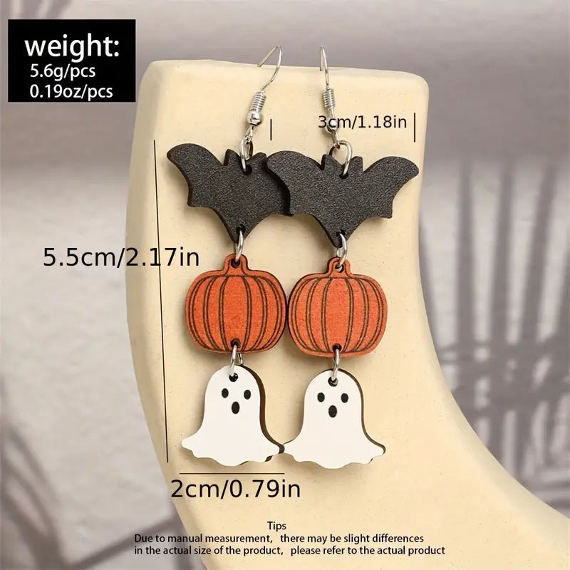 Bat Pumpkin Ghost Wood Earrings