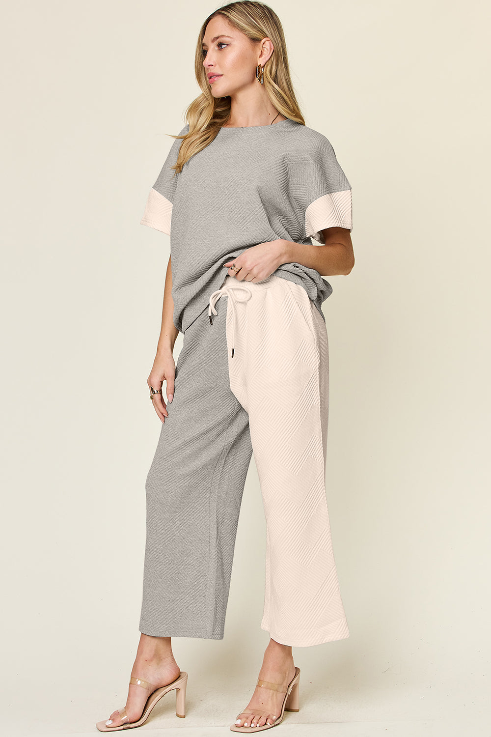 Double Take Full Size Texture Contrast T-Shirt and Wide Leg Pants Set - 4 Color Way Options!