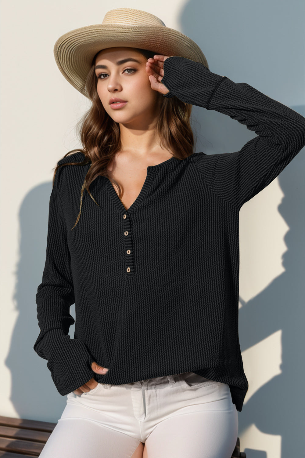 DOORBUSTER Double Take Full Size Notched Thumbhole Long Sleeve T-Shirt