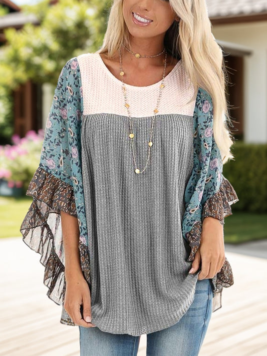 8 Color Options! Full Size Printed Round Neck Three-Quarter Sleeve Blouse