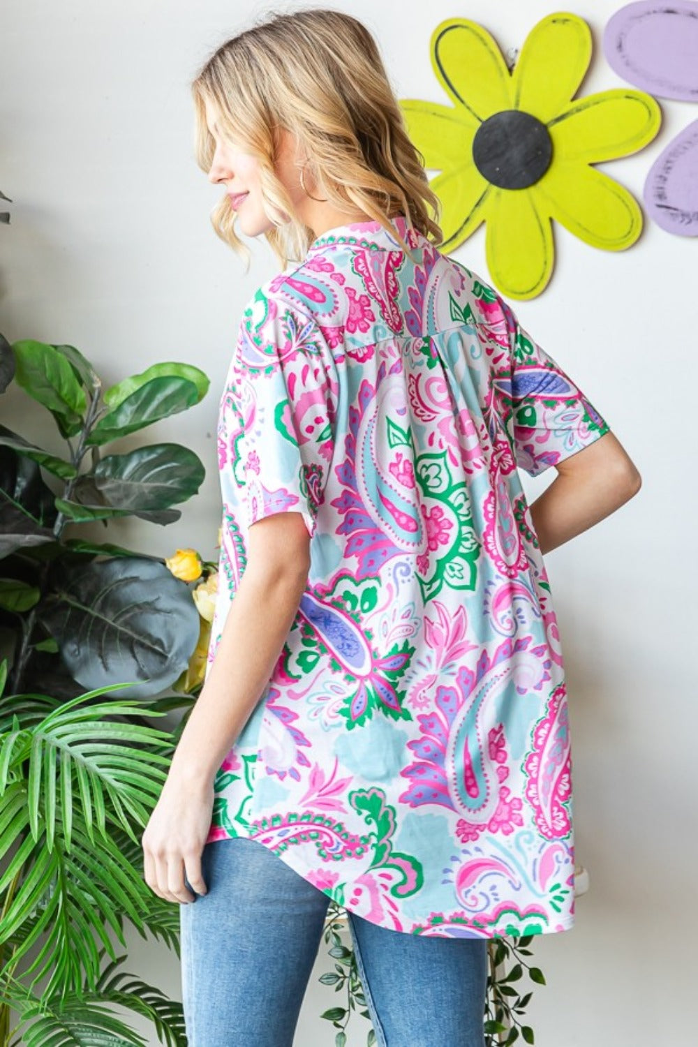 Heimish Split Collar Paisley Short Sleeve Top