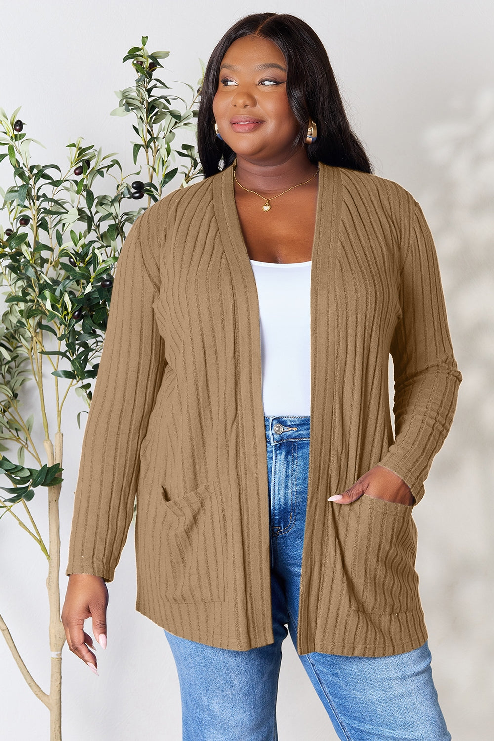 BF Doorbuster! 5 Colors! Basic Bae Full Size Ribbed Open Front Cardigan with Pockets