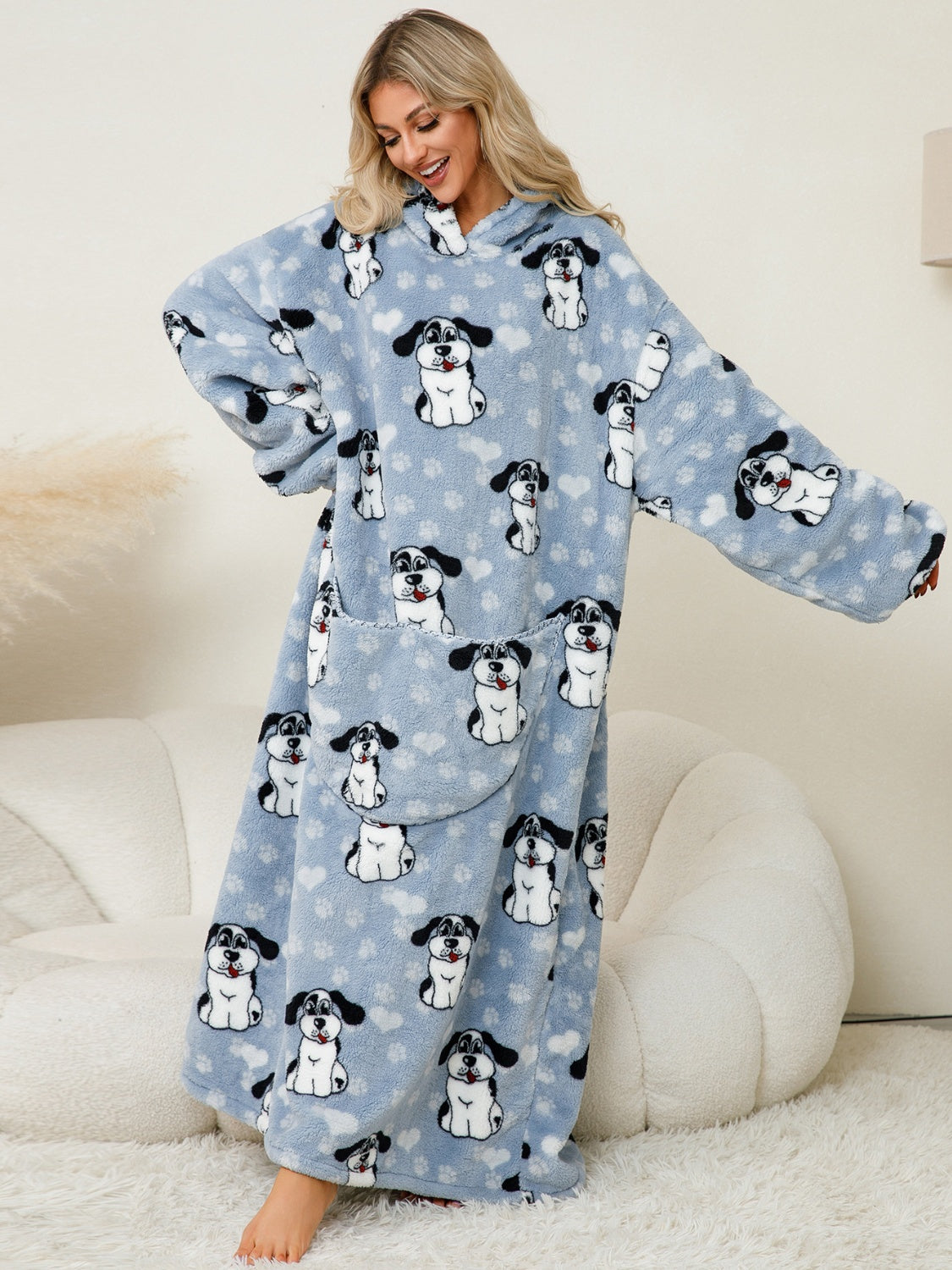 Fuzzy Pocketed Long Sleeve Hooded Blanket Lounge Dress - 17 Print options - PRELAUNCH