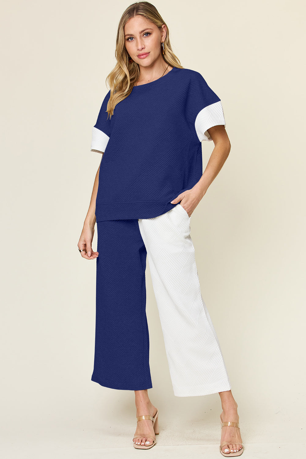 Double Take Full Size Texture Contrast T-Shirt and Wide Leg Pants Set - 4 Color Way Options!