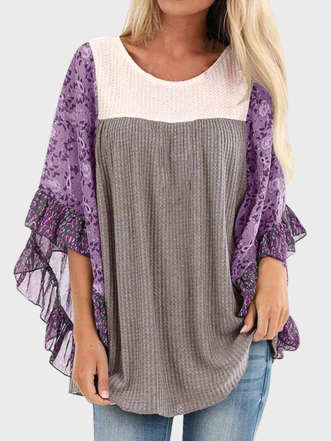 8 Color Options! Full Size Printed Round Neck Three-Quarter Sleeve Blouse