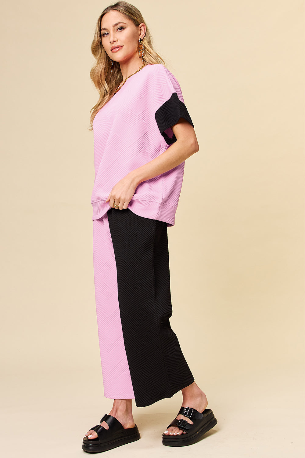 Double Take Full Size Texture Contrast T-Shirt and Wide Leg Pants Set - 4 Color Way Options!