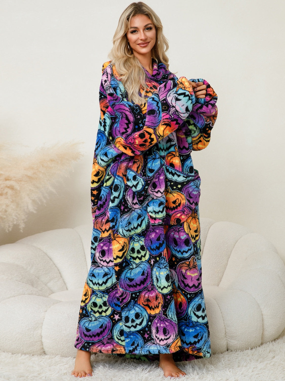 Fuzzy Pocketed Long Sleeve Hooded Blanket Lounge Dress - 17 Print options - PRELAUNCH