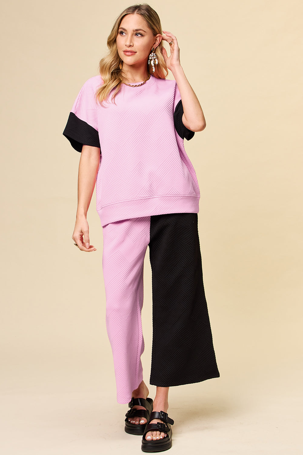 Double Take Full Size Texture Contrast T-Shirt and Wide Leg Pants Set - 4 Color Way Options!