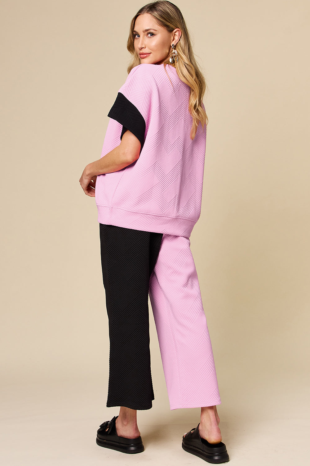 Double Take Full Size Texture Contrast T-Shirt and Wide Leg Pants Set - 4 Color Way Options!