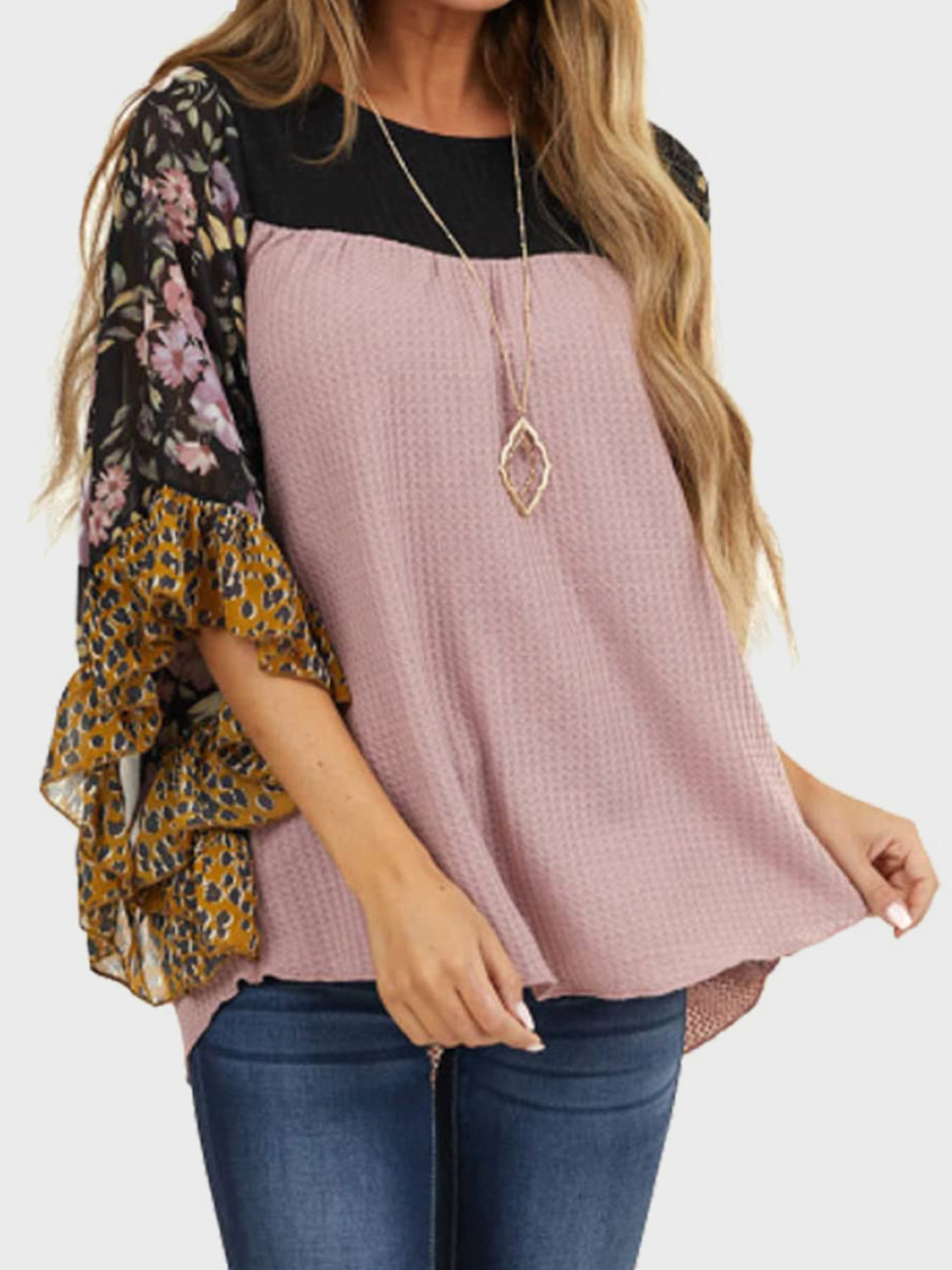 8 Color Options! Full Size Printed Round Neck Three-Quarter Sleeve Blouse